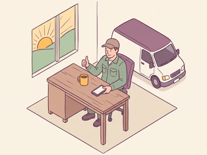 The shop owner at his desk giving a thumbs-up to a job on his phone