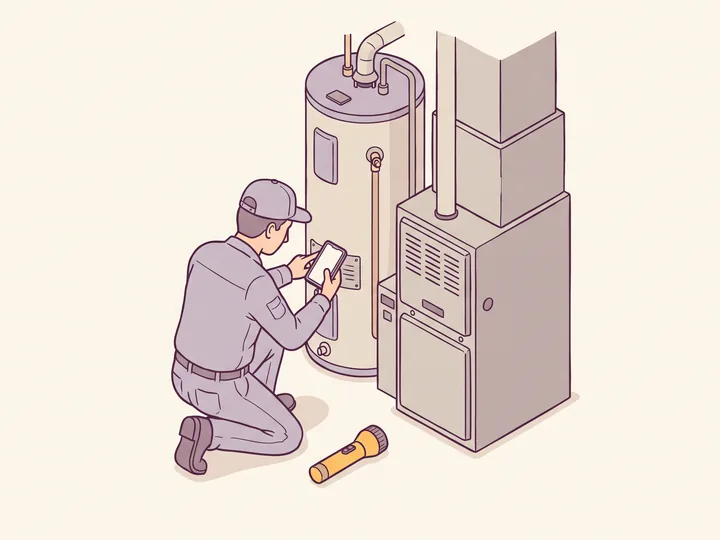 A technician kneeling by a water heater and furnace photographing the equipment data plate