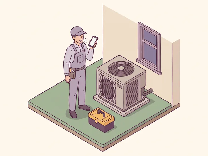 A technician beside an outdoor unit speaking a follow-up into his phone
