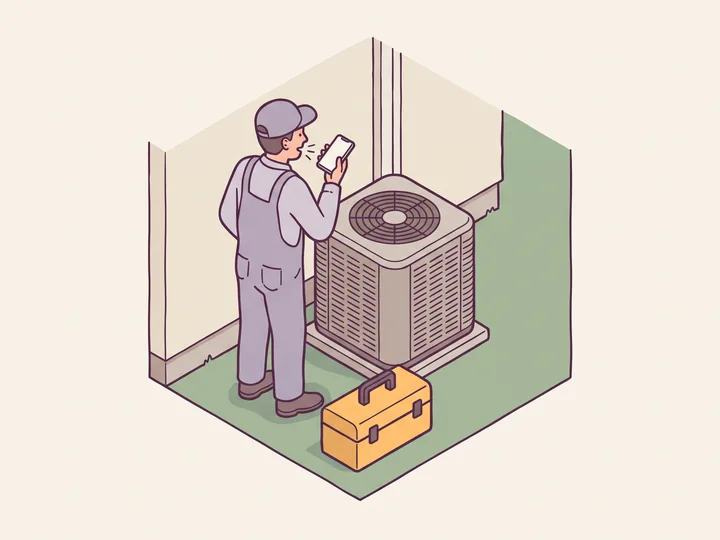 A technician by an outdoor AC unit recording a voice note on his phone