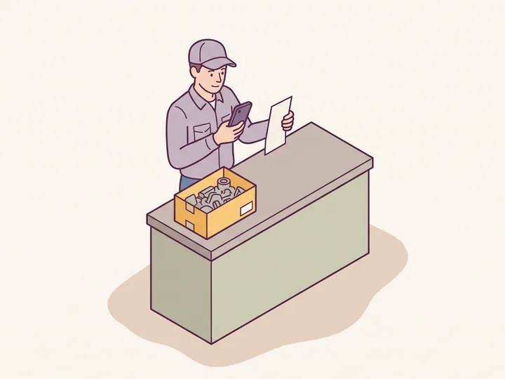 A tradesman at a supply house counter photographing a paper receipt with his phone